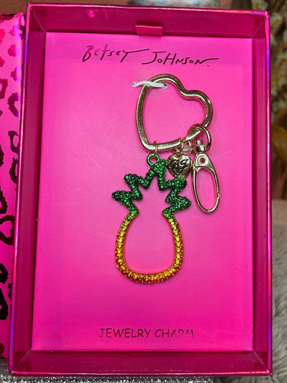 Betsey Johnson Green & Yellow Pineapple Crystal Keychain Charm